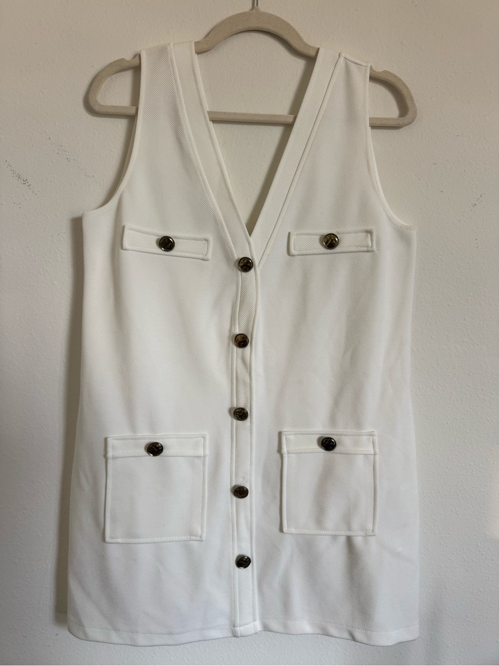 Zara Sleeveless V-Neck White Button-Front Shift Dress